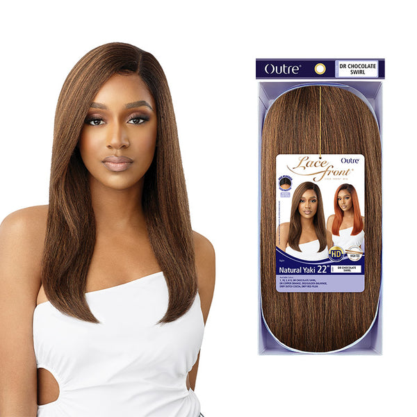OUTRE lace front wig natural yaki 22 inch straight dr chocolate swirl on model and boxed packaging