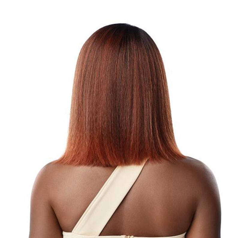 OUTRE Melted hairline lace front wig shoulder length straight auburn bob with dark roots back view