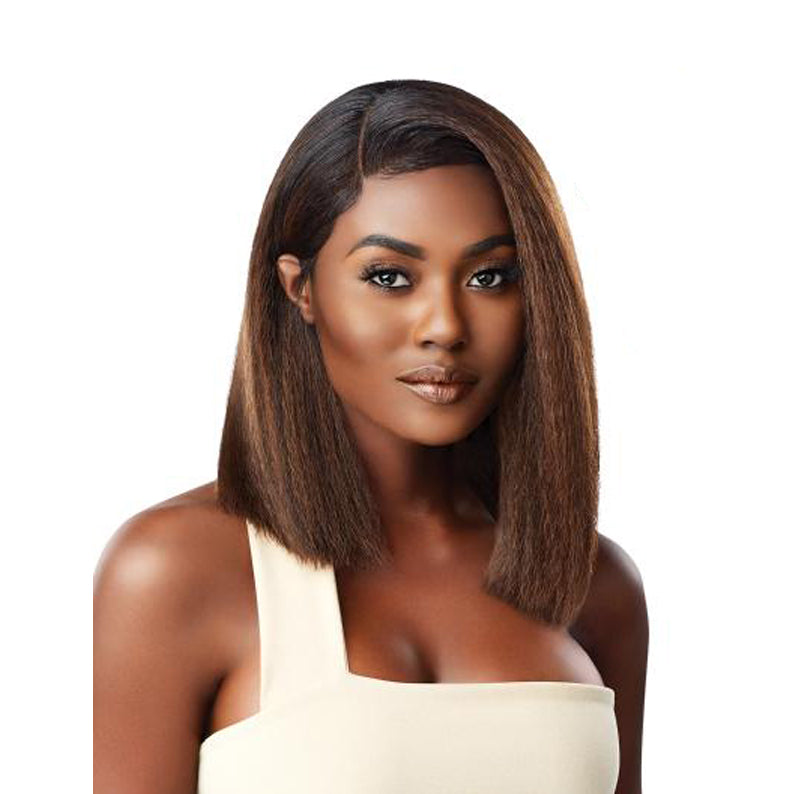 OUTRE straight chestnut bob with side part on model featuring Melted hairline lace front wig for natural hairline