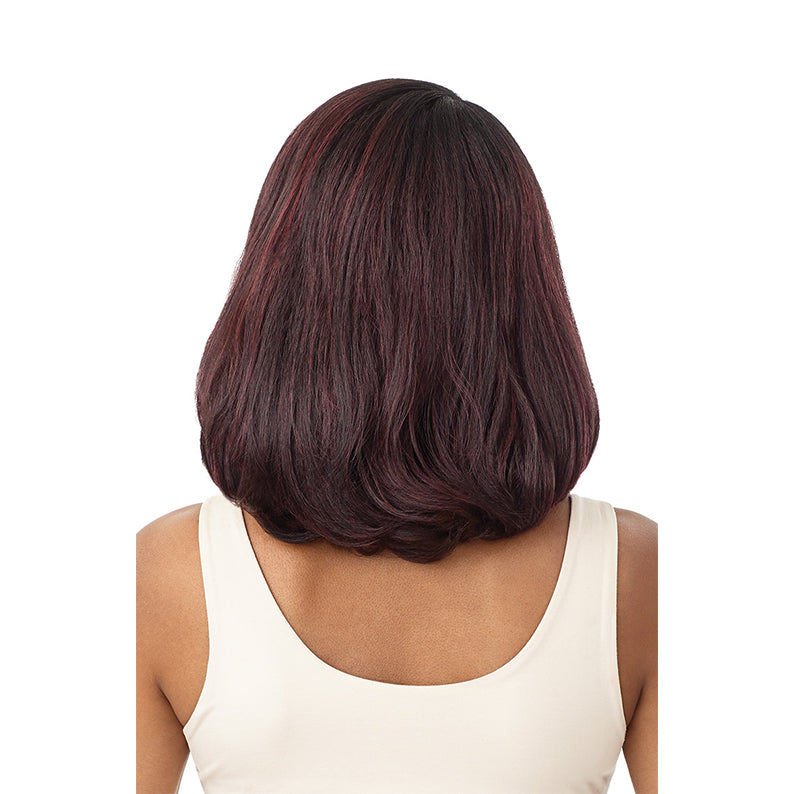 OUTRE melted hairline lace front wig burgundy bob shoulder length smooth layers back view on model