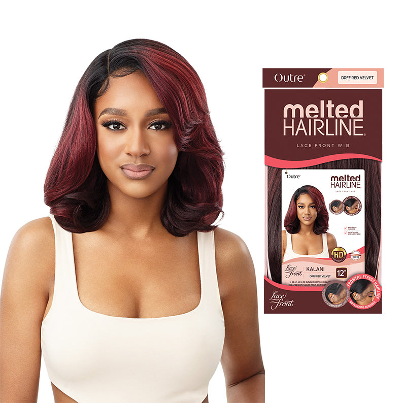 OUTRE melted hairline lace front wig deep red velvet shoulder length bob with side part and packaging