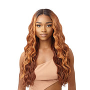 Outre synthetic lace front wig long wavy copper brown ombre with dark roots and middle part on model
