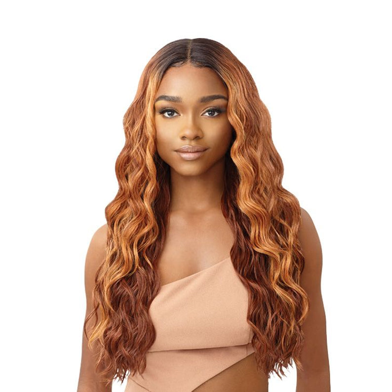 Outre synthetic lace front wig long wavy copper brown ombre with dark roots and middle part on model