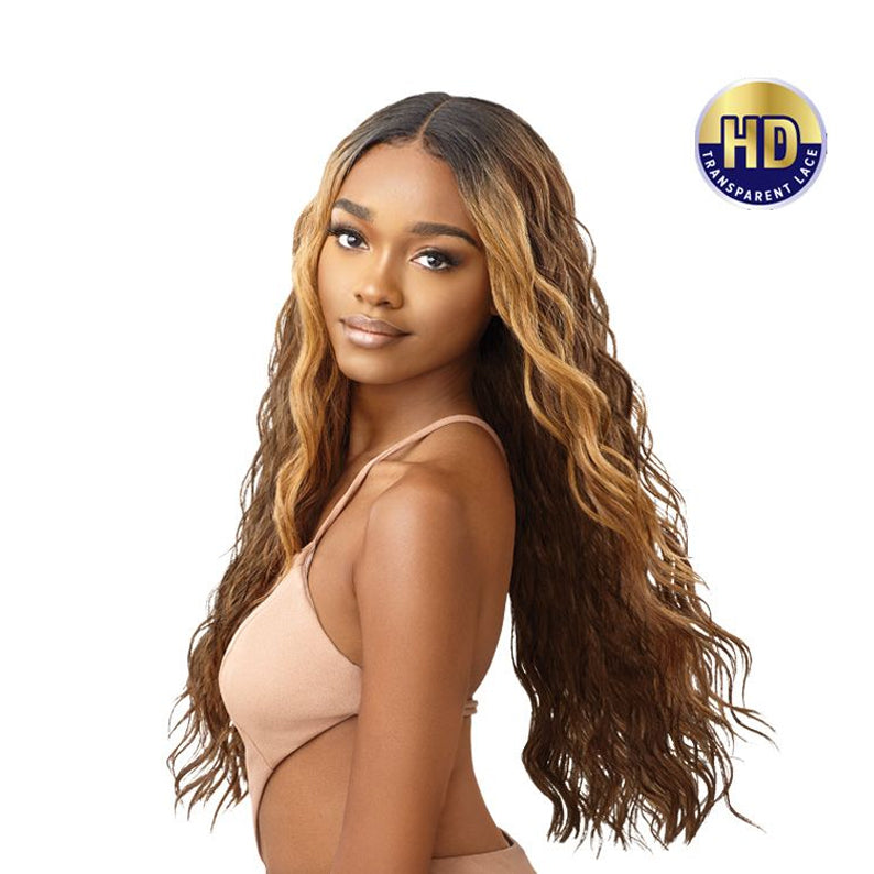 Model wearing Outre synthetic lace front wig long wavy brown with honey blonde highlights and middle part