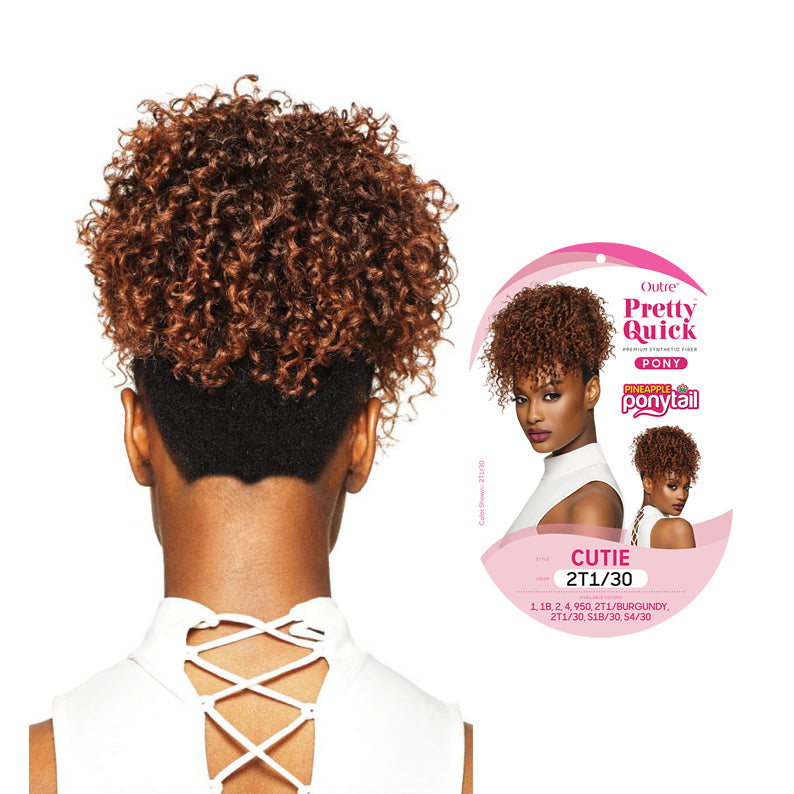 OUTRE Pretty Quick Cutie curly short pineapple ponytail hair piece brown highlights on model