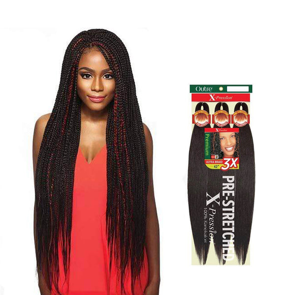 Outre pre-stretched braiding hair 42 inch shown on model with long black and red braids and product packaging