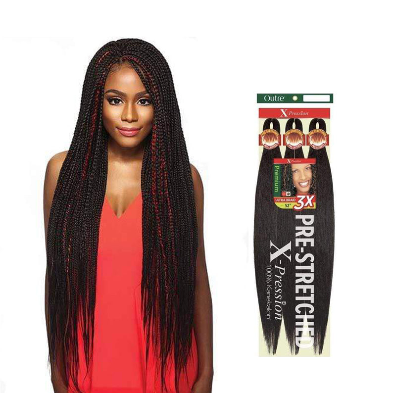 OUTRE pre-stretched braiding hair with long black braids styled on woman wearing red top