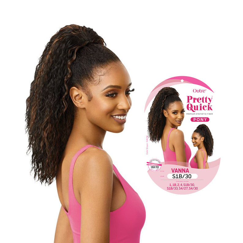 OUTRE Pretty Quick Pony Vanna extension with long curly black and brown hair on woman in pink top