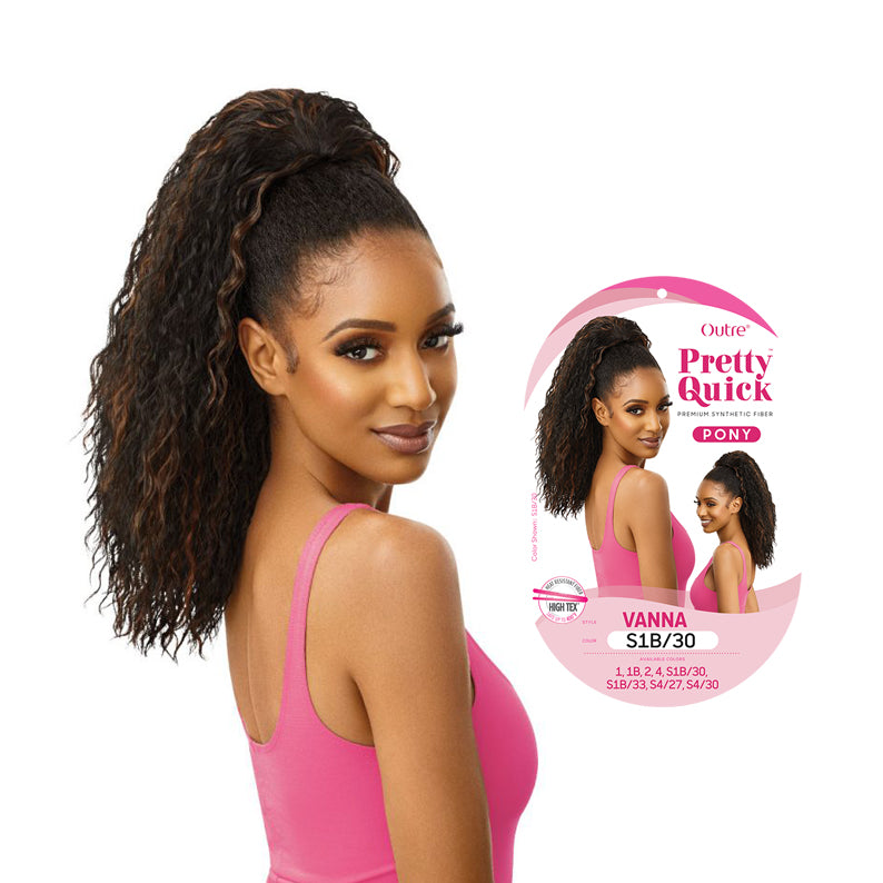 OUTRE Pretty Quick Pony Vanna extension in curly style worn by woman with pink tank top