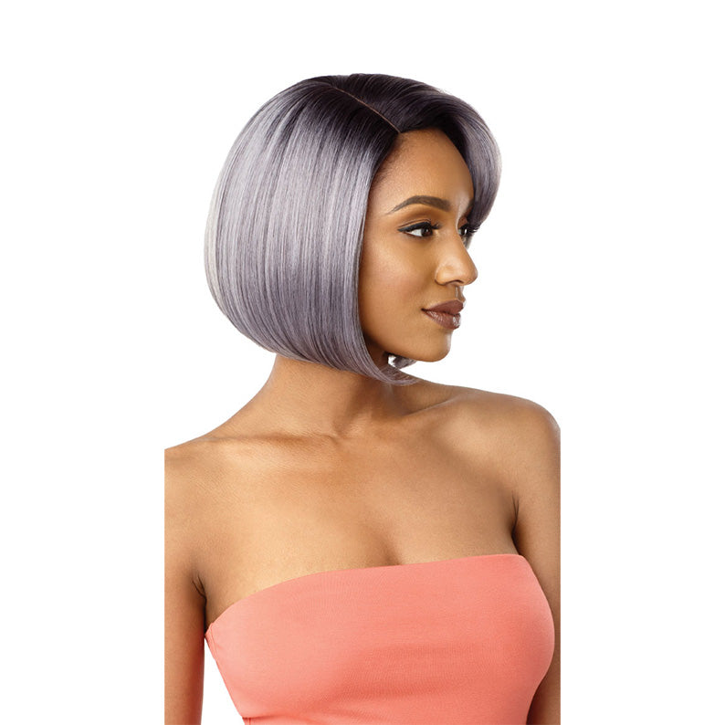 OUTRE synthetic bob wig for women in silver ombre chin length straight bob with side part and natural hairline
