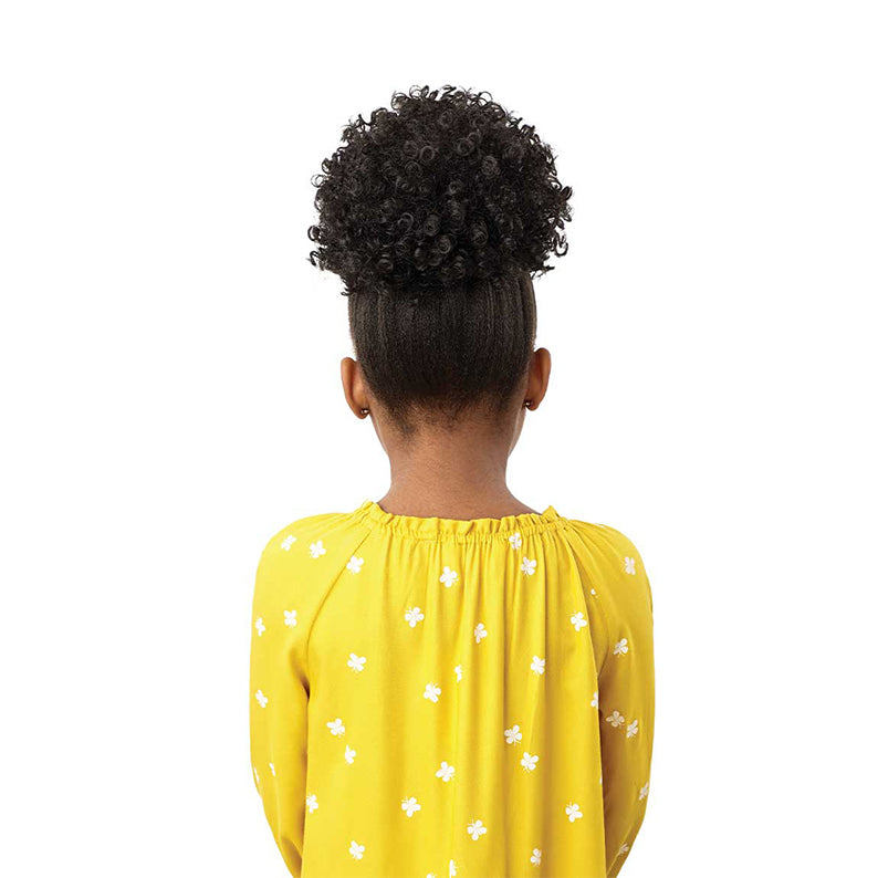 OUTRE synthetic coily puff ponytail braided hair accessory styled on a young girl with yellow dress