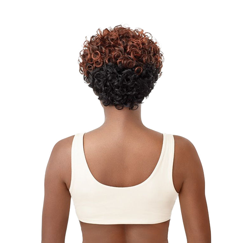 OUTRE synthetic curly wig for women short two tone black to auburn curls back view on model