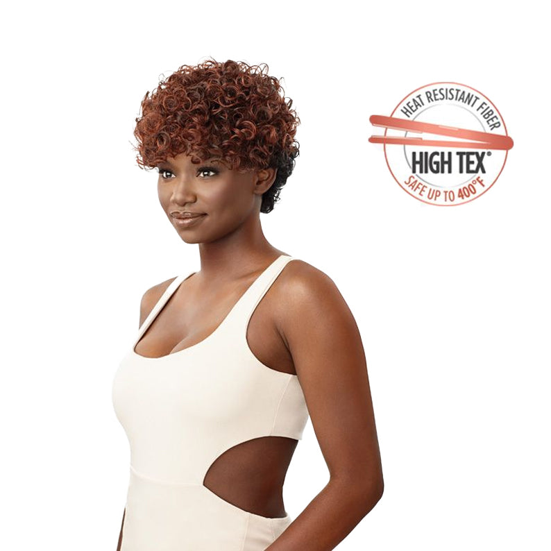 OUTRE short auburn pixie synthetic curly wig for women on model showing tight curls and heat resistant fiber