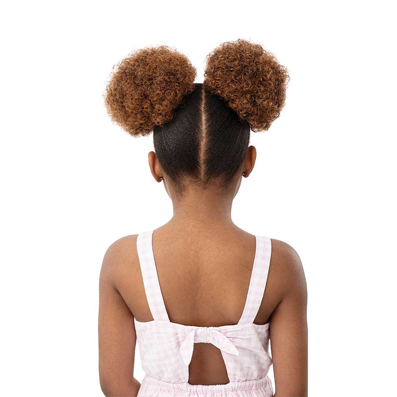 Child with two brown synthetic drawstring ponytail puffs braided hairstyle by OUTRE