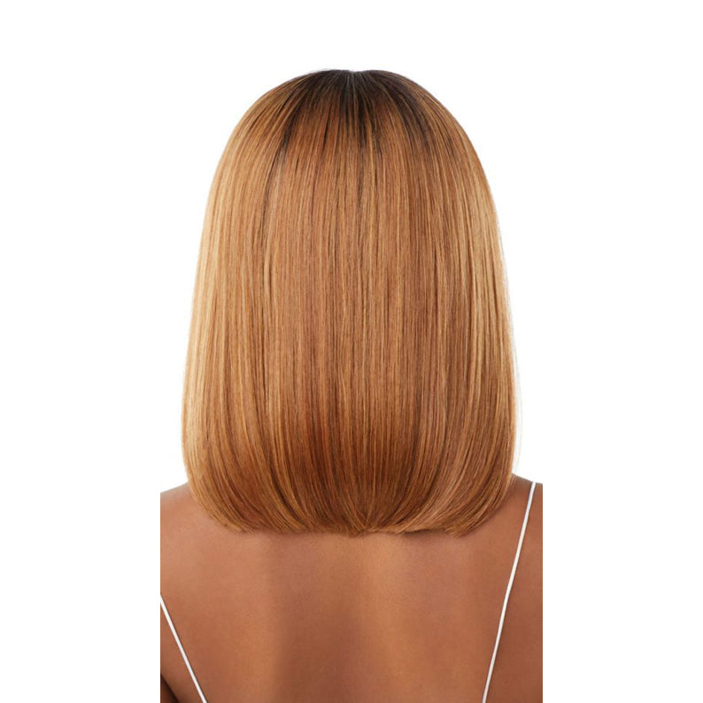 OUTRE synthetic lace front wig 14 inch honey blonde blunt bob with dark roots smooth straight finish