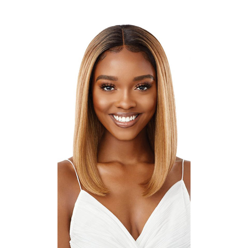 OUTRE synthetic lace front wig 14 inch honey blonde with dark roots straight bob middle part on smiling model