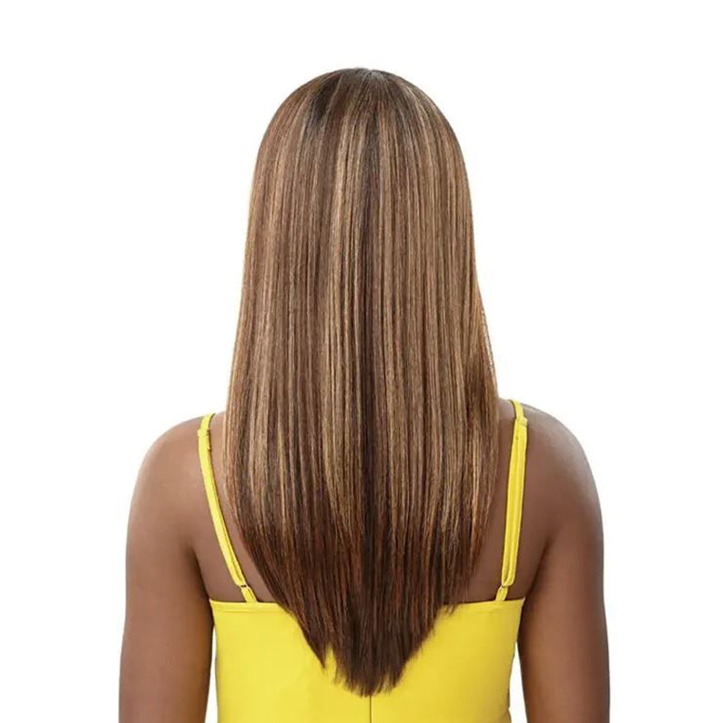 OUTRE synthetic lace front wig with long straight brown and blonde highlights on woman wearing yellow top