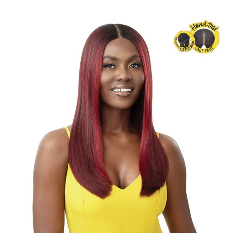 OUTRE synthetic lace front wig with straight burgundy hair on a smiling model wearing a yellow top