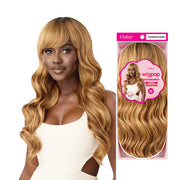 OUTRE WIGPOP synthetic full cap wig long wavy 26 inch dr hazelnut brown with full bangs on model