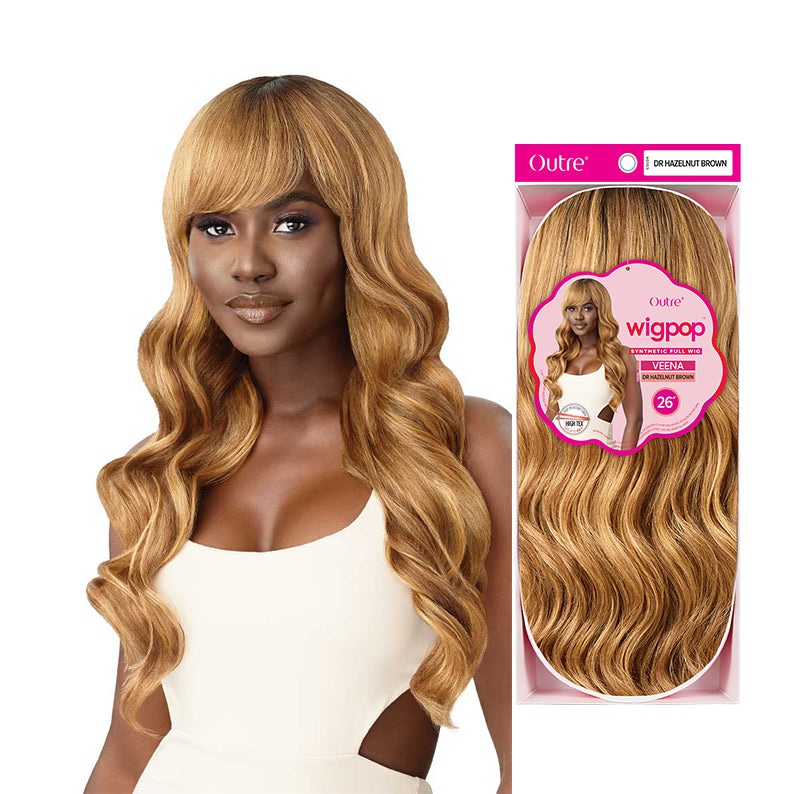 OUTRE WIGPOP synthetic full cap wig long wavy 26 inch dr hazelnut brown with full bangs on model