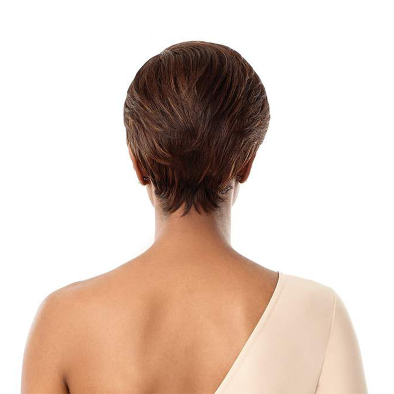 WIGPOP synthetic wig SURIA short brown pixie back view on model wearing one shoulder cream top