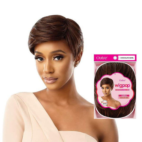 OUTRE WIGPOP synthetic wig SURIA short chocolate swirl pixie style on model with product packaging