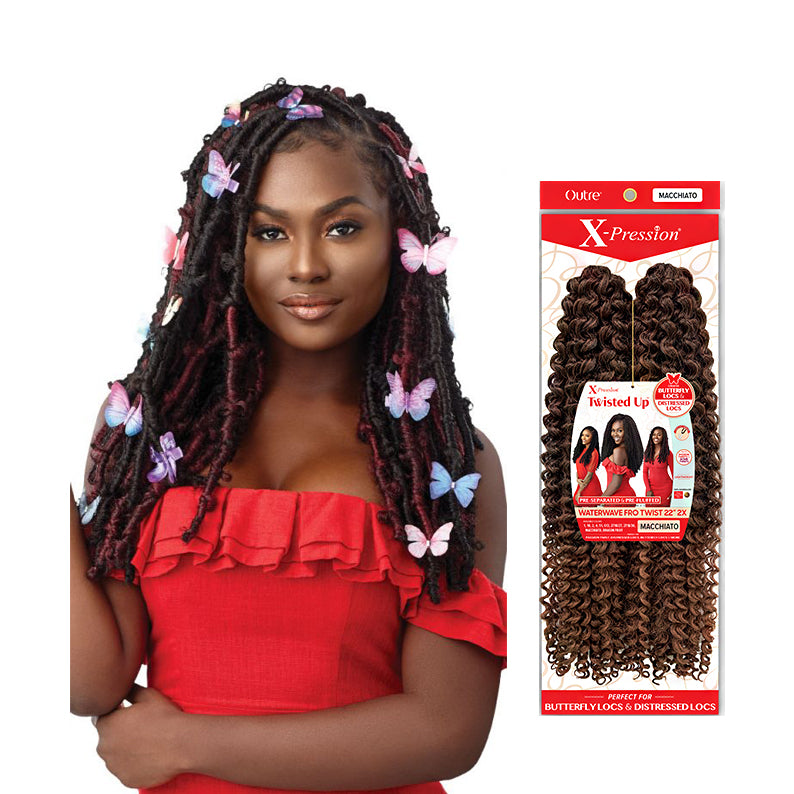 OUTRE X-Pression Waterwave braiding hair in macchiato color shown on woman with butterfly hair accessories