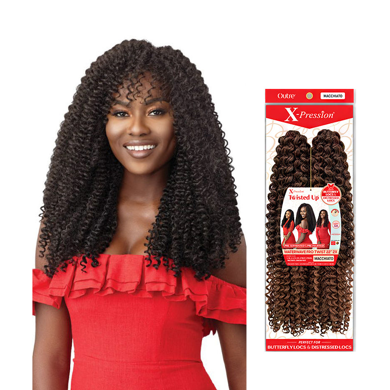 Outre X-Pression Waterwave braiding hair in Machiatto with long curly texture modeled by woman in red dress