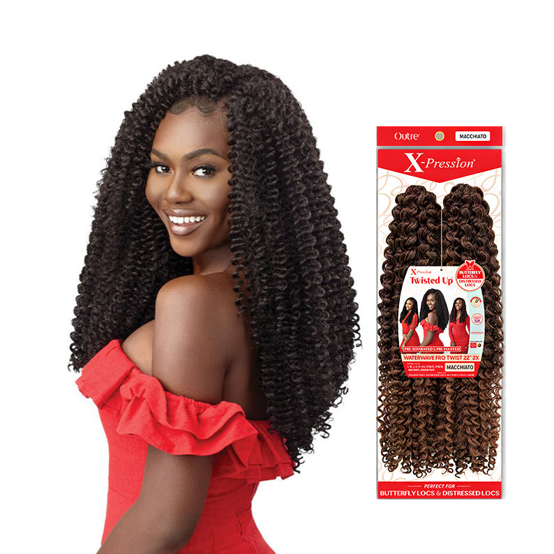Outre X-Pression Waterwave braiding hair in macchiato shown on model with curly textured braids
