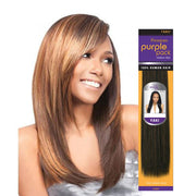 Outre yaki human hair extensions purple pack with smooth straight texture and model wearing styled hair