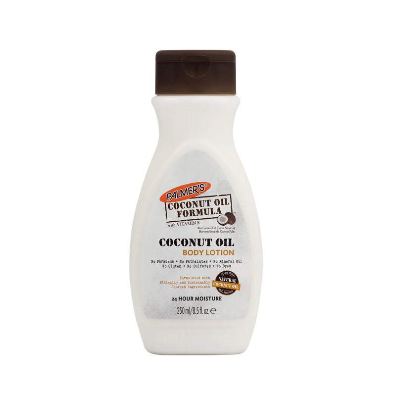 Front view of Palmer's coconut oil body lotion white bottle with brown cap 8.5 fl oz moisturizing formula