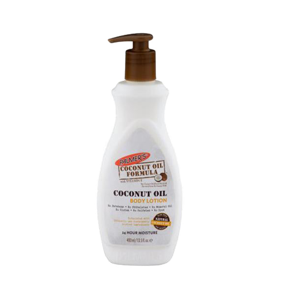 Bottle of Palmer's coconut oil body lotion. White pump bottle moisturizing skin care for dry skin.