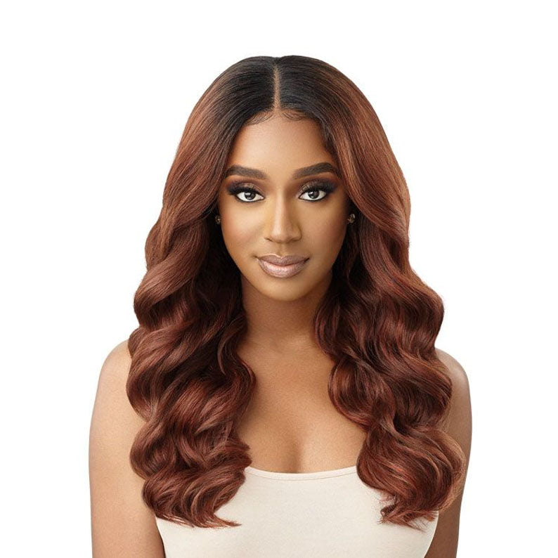 OUTRE 13x5 lace frontal wig synthetic long auburn wavy middle part with dark roots and natural hairline