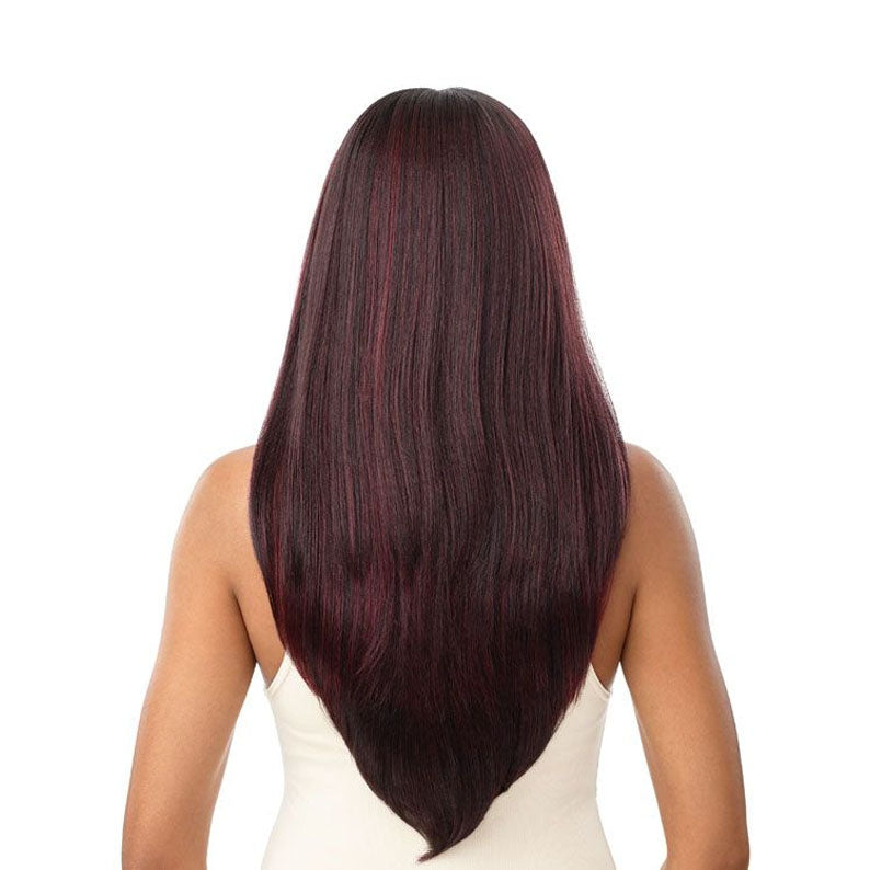 OUTRE synthetic lace frontal wig 28 inch straight burgundy hair with subtle red highlights back view