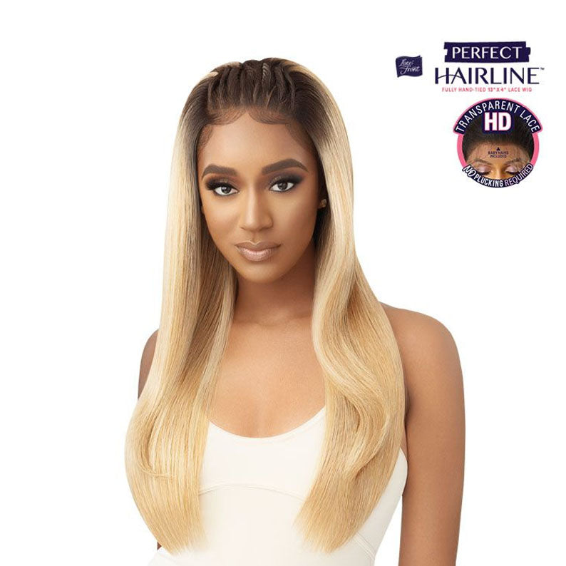 OUTRE synthetic lace frontal wig 28 inch long straight blonde ombre with dark roots on model