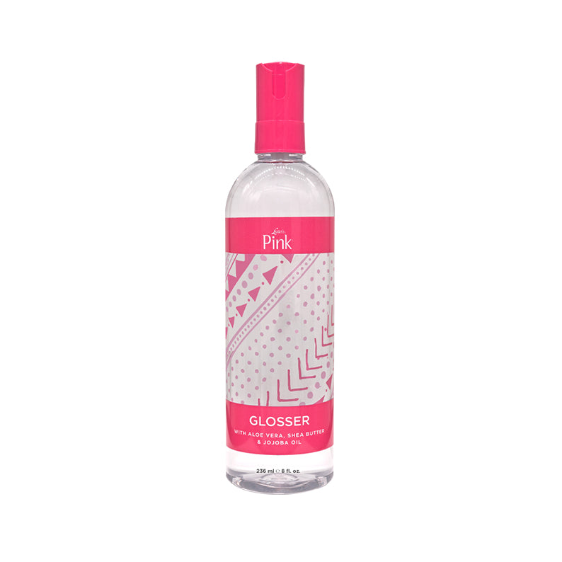 PINK Glosser clear spray bottle with pink cap and label pink hair glosser with shea butter for added shine