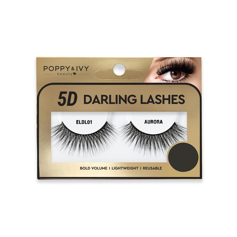 Packaged pair of 5D darling lashes Aurora dramatic reusable strip false eyelashes in gold box