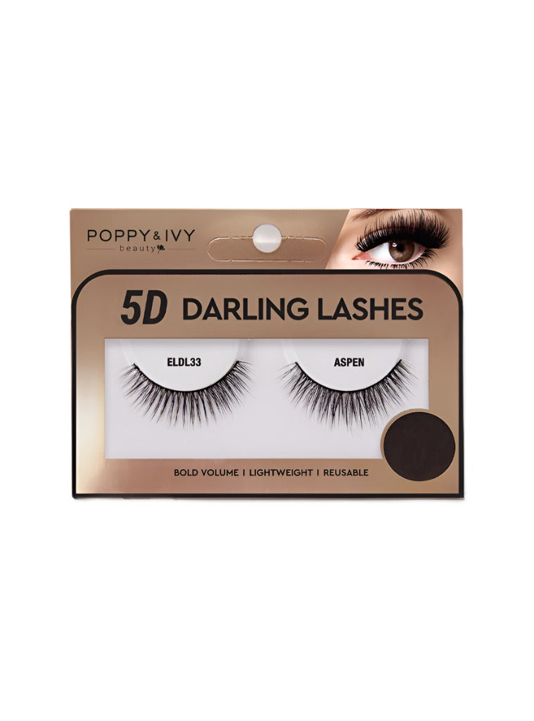 Poppy and Ivy 5D Darling Lashes packaging showing dramatic black strip eyelashes 5D false eyelashes for volume