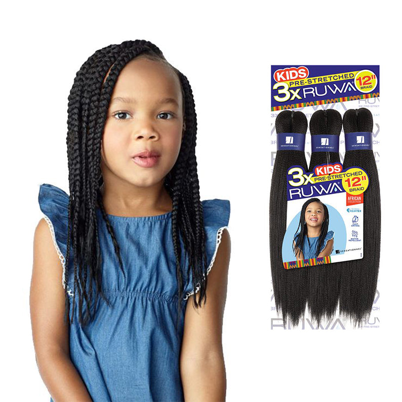 Sensationnel pre-stretched kids braid hair 12-inch black synthetic braids with a young girl wearing styled braids