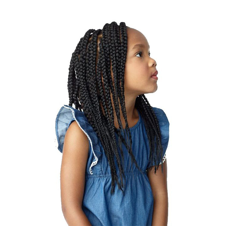 SENSATIONNEL pre-stretched kids braid hair styled on young girl wearing blue dress