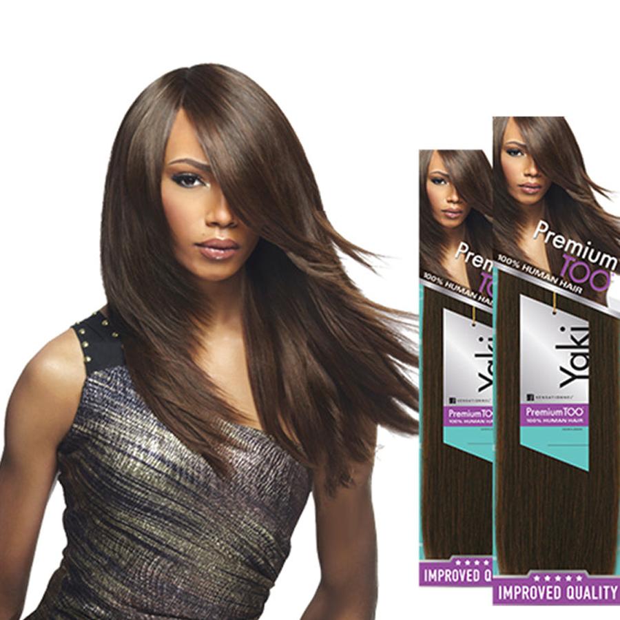 Sensationnel 100% human hair yaki weave shown on model with silky straight dark brown hair