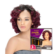 OUTRE hair model wearing burgundy curly bob with product box showing jade swirl wig 3 piece set