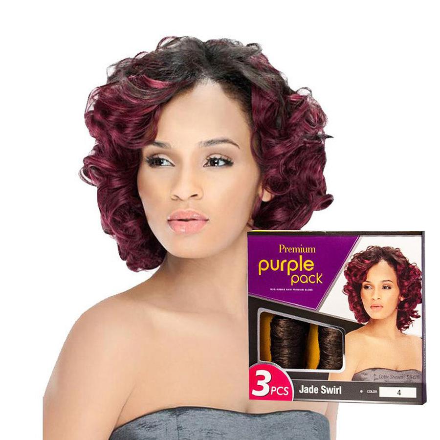 OUTRE hair model wearing burgundy curly bob with product box showing jade swirl wig 3 piece set