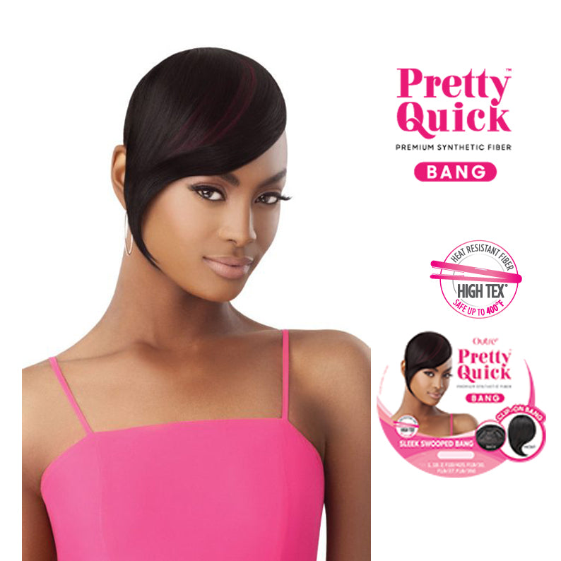 OUTRE sleek swooped bang wig short black synthetic fiber side swept style on model