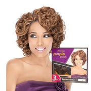OUTRE romance curl weave bundle short honey brown spiral curls on model with product box showing 3pcs purple pack