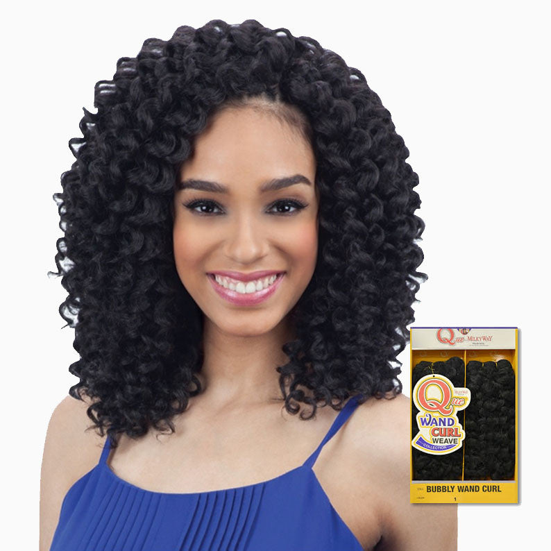 SHAKE N GO bubbly wand curl wig on smiling model with shoulder length black spiral curls and product package