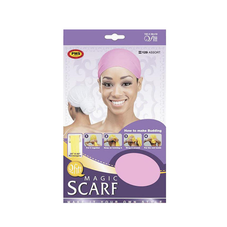 M and M pink magic hair scarf for women packaging with smiling model and styling steps