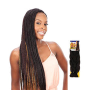 SHAKE N GO QUE 3X King Jumbo braid hair shown on a woman with long braided hairstyle and product packaging