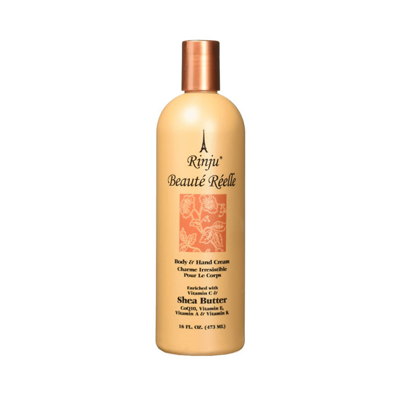 Rinju Beaute Reelle body and hand cream 16 fl oz beige bottle with copper cap shea butter formula
