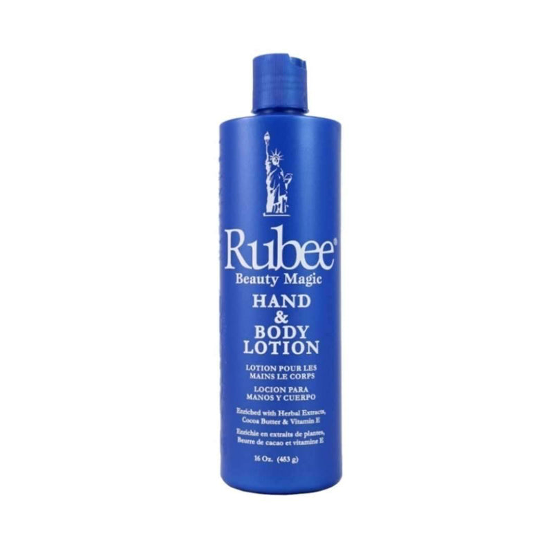 Rubee hand and body lotion blue 16 oz bottle for moisturizing hands and body with flip cap